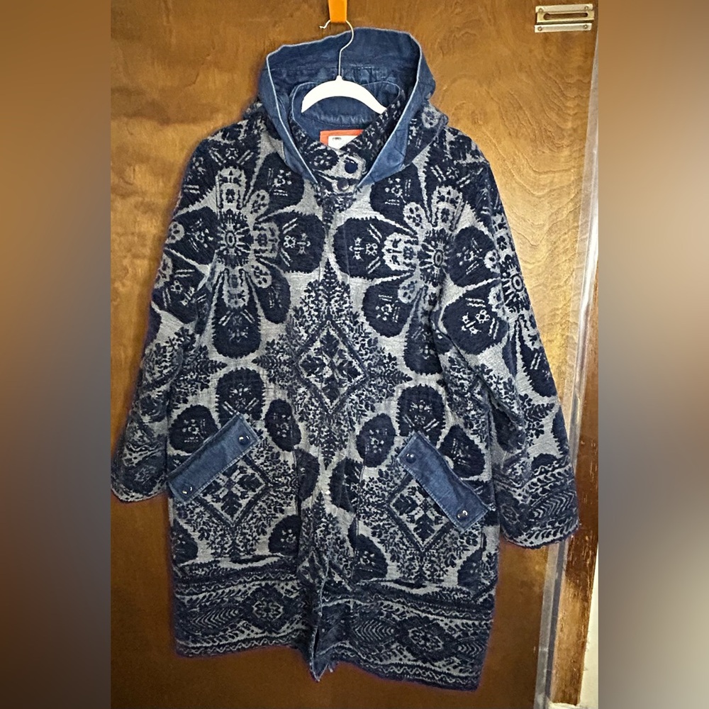 Anthropologie Women's Hooded Navy Chenille/Tapestry Parka/Jacket /Coat size XLP. - Picture 4 of 12